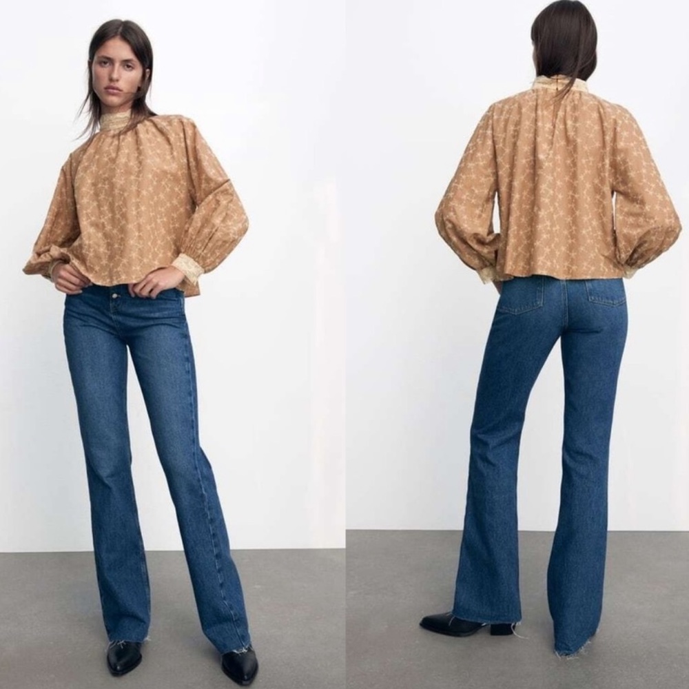 NEW Zara Beige Peasant Blouse with Balloon Sleeve Embroidered High Neck Blouse - Picture 1 of 8
